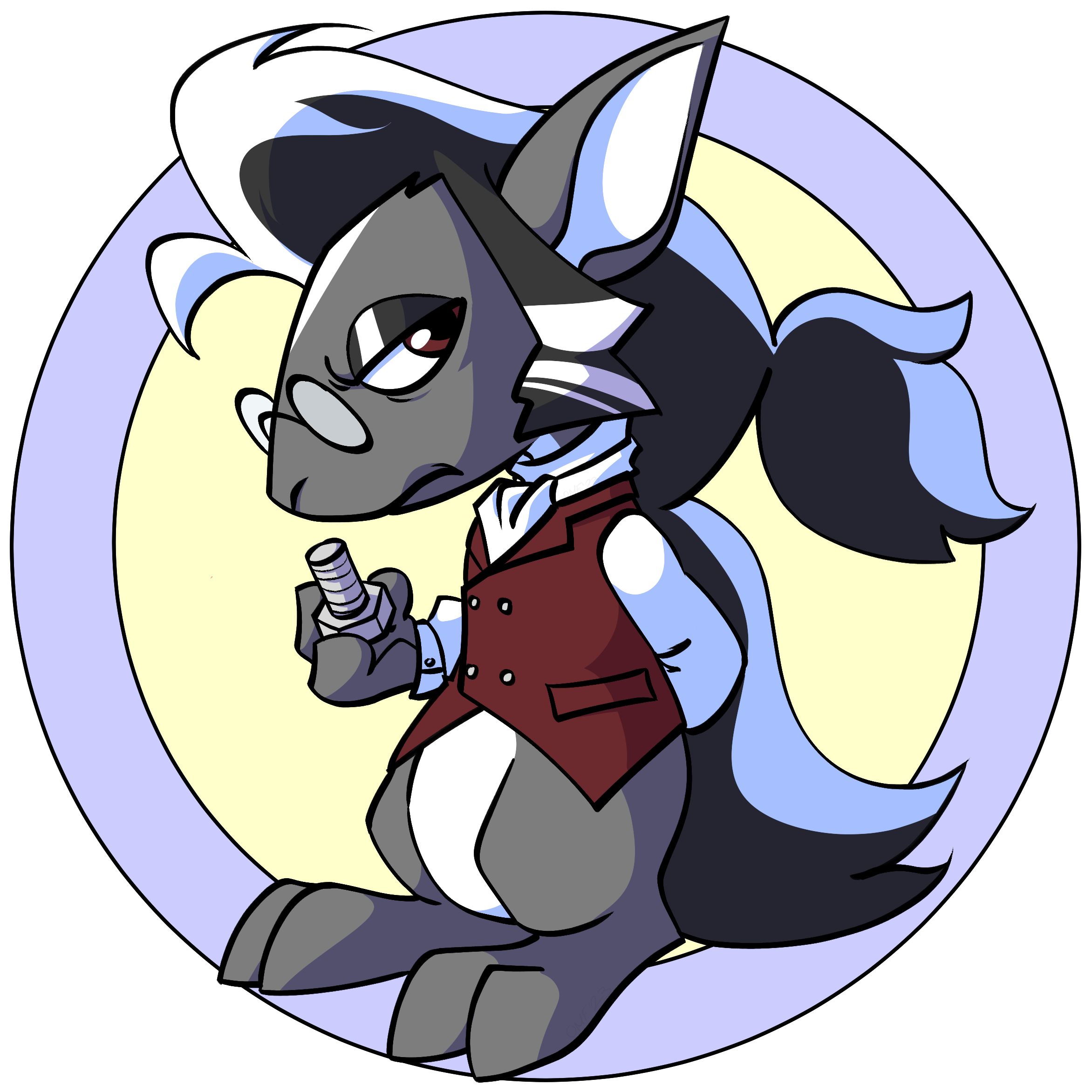 An original overlay for a neopet. The pet in question has grey fur, pointy ears, and big feet. It is holding a bolt in its hand and wears a pair of round glasses and a vest with an ascot. It has long black hair with white streaks, and big bushy sideburns. It is scowling at the right side of the camera.